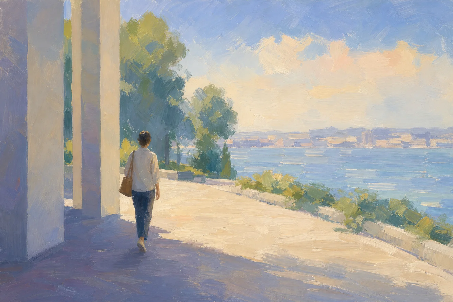 A traveler moving from a shaded passage into an open waterside landscape