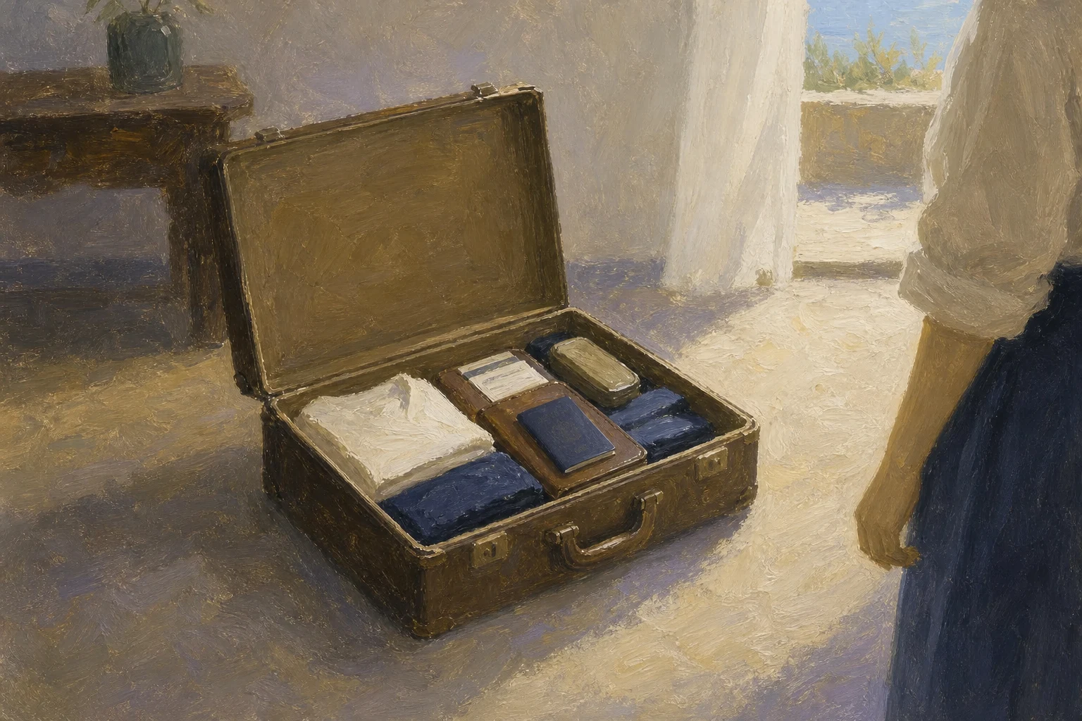 An open suitcase with travel documents and clothing organized inside